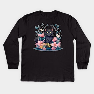 Cute Black Cat Watercolor Art Kids Long Sleeve T-Shirt